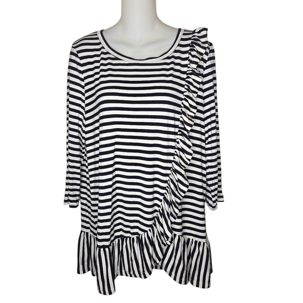 Suzanne Betro Striped Navy & White Ruffle Women's Top Shirt Size XL